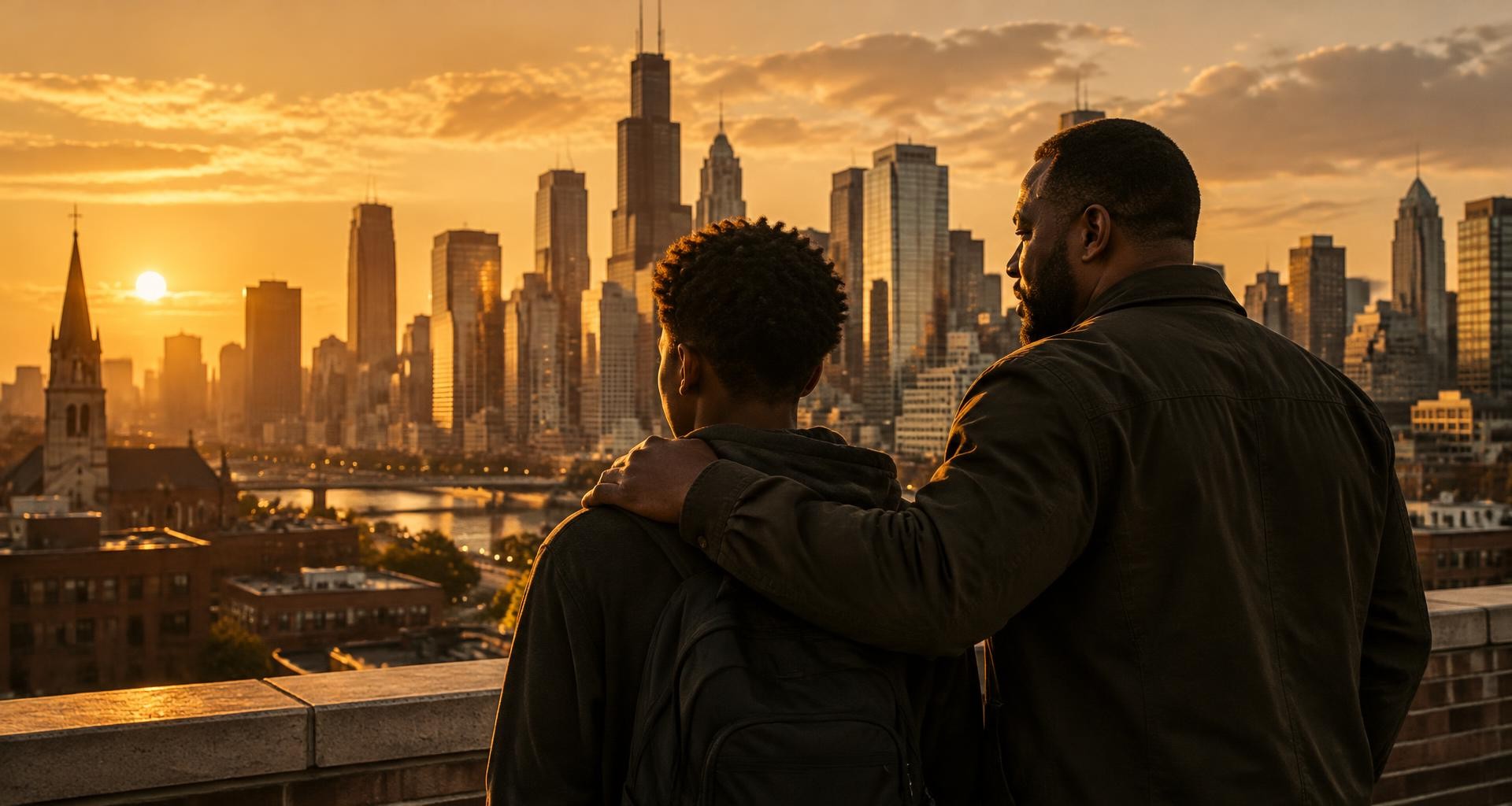 A Black father and son on a city rooftop looking over the skyline and a church at sunset